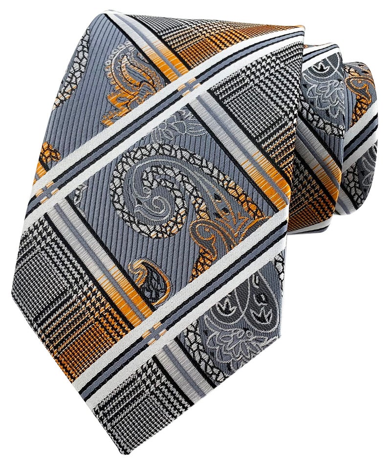 Elfeves Men's Grey Gold Orange Ties Silk Luxury Unique Designer Cool Self Dress Neckties - Image 1